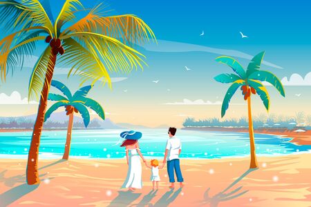 Back view of a happy family on tropical beach summer vacation Father, mother and child against blue sea.のイラスト素材