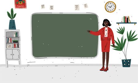 Lesson. Teacher standing near blackboard in classroomのイラスト素材