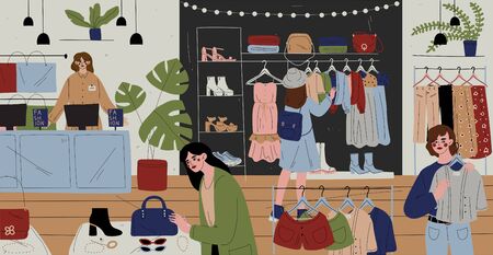 Customers and staff in clothes shop, chain store.のイラスト素材