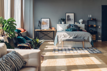 Spacious bedroom interior, apartment, living room. Home.