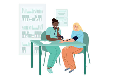 Doctor measures the patients blood pressure. A woman at a cardiologists appointment.のイラスト素材