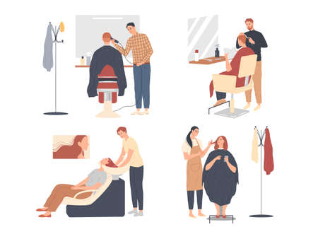 Customer service in the hairdressing salon. Men barbers and women stylists at work, they do haircuts.のイラスト素材