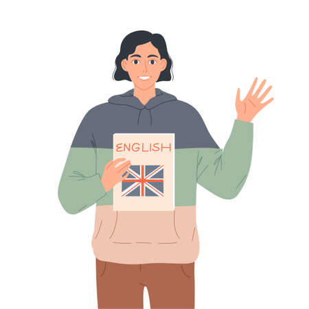 Young man waving his hand in welcome, calling to learn Englishのイラスト素材