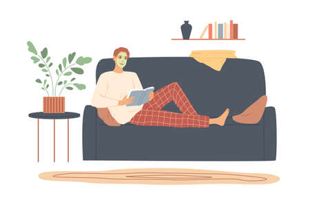 Man with cream on his face lies on the sofa and readsのイラスト素材