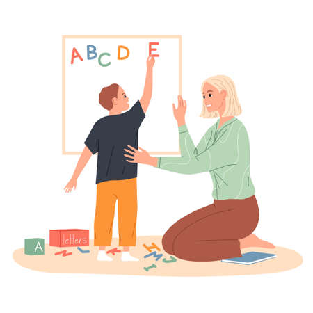 Child makes an English alphabet of letters on the boardのイラスト素材