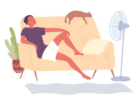 Man sits at home on the couch by the fan and enjoys the freshness of a hot day.のイラスト素材
