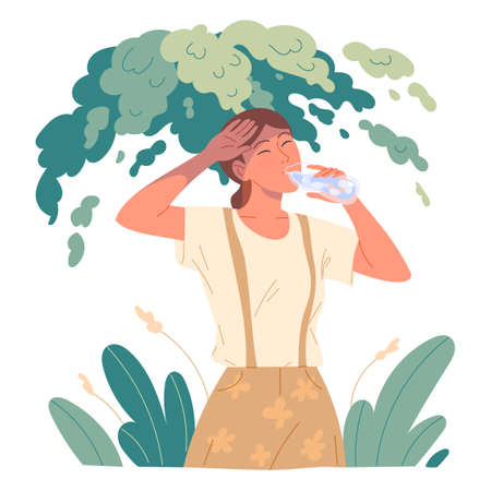 Girl drinking water to quench her thirst she hid from the scorching sun under a tree in the heatのイラスト素材