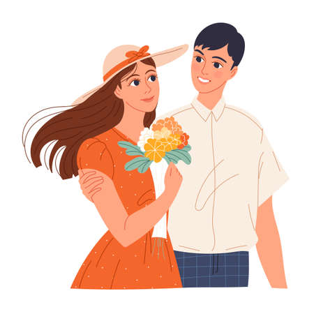 Young man is courting a girl, gave her a bouquet of flowersのイラスト素材