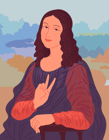 Portrait of woman showing v sign. Illustration based on Leonardo da Vinci Mona Lisaのイラスト素材