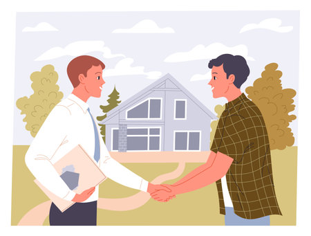 Agent and man shake hands on a real estate transactionのイラスト素材