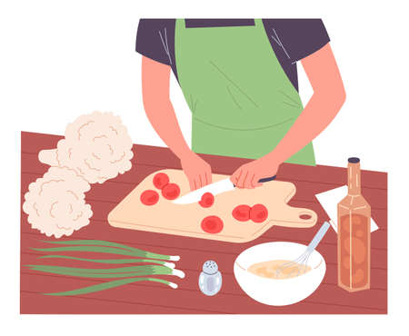 Man slices tomatoes on cutting board preparing foodのイラスト素材