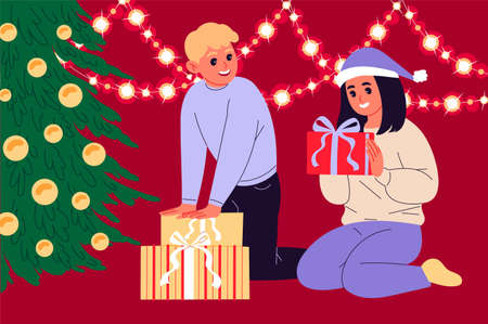 Little girls with their christmas gifts sitting on floor beside a christmas tree.のイラスト素材