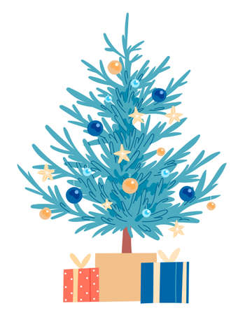 Decorated Christmas tree. Vector, isolated on white backgroundのイラスト素材