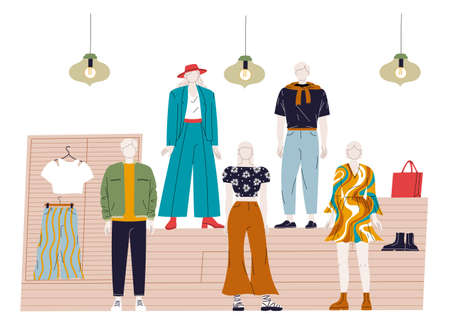 Collection of clothes on mannequins in the store windowのイラスト素材