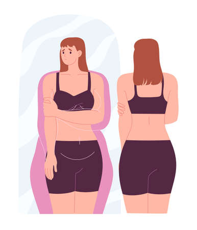 Woman is unhappy with her reflection in the mirror, overweight, it seems to her that she is fatter than she really isのイラスト素材