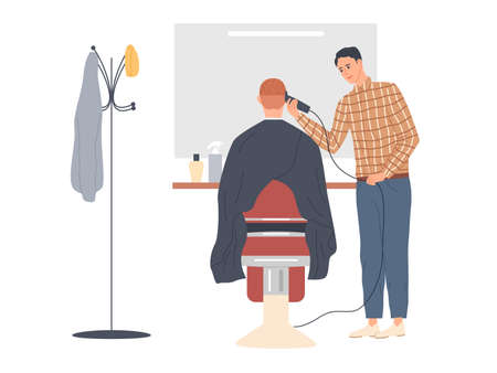Hairdresser cutting hair of male client. Rear viewのイラスト素材