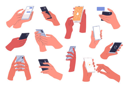 Hands holding smartphone. People using smartphonesのイラスト素材