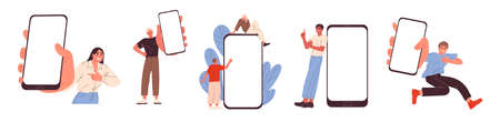 People with smartphones, empty screen advertisement mobile phone, mobile app.のイラスト素材