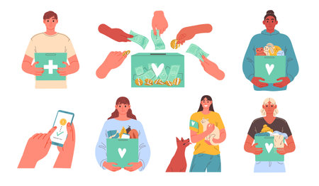 People do charity work. Volunteers collecting donationsのイラスト素材