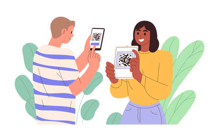 Woman shows QR code, man scans itのイラスト素材