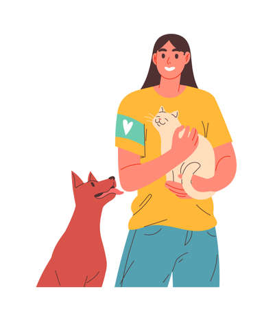 Volunteer cares for the animals. Shelter for cats, dogsのイラスト素材