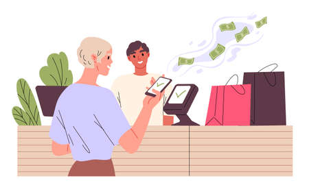 Woman pays in store with her phoneのイラスト素材