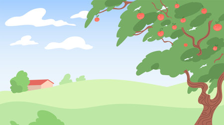 Natural landscape with field and apple treeのイラスト素材