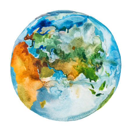 Asia, Europe and Africa on the globe. Earth planet. Watercolor.の写真素材