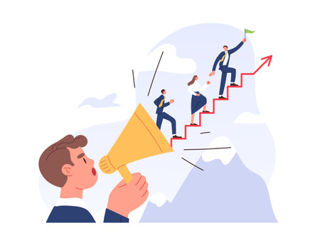 Man shouts into a horn, workers run up the stairsのイラスト素材