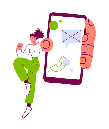 Woman holding big smartphone shows screen in close-upのイラスト素材