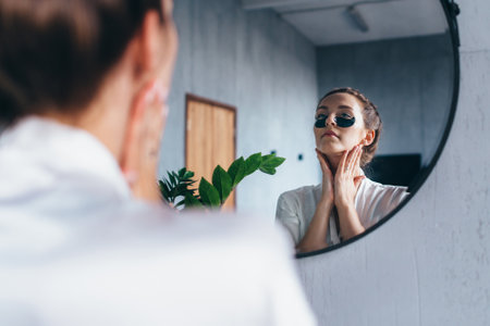 Young woman takes care of her facial skin.の写真素材