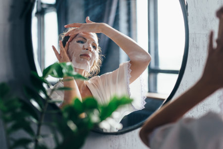Home skin care. A woman applies a sheet mask to her faceの写真素材