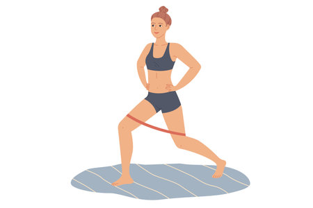 Woman does lunges with a rubber loop resistance band. Exercises for the legs and buttocks at home.のイラスト素材