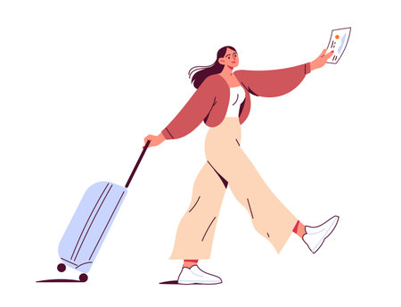 Woman walks wide steps with ticket in handのイラスト素材