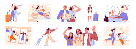 People with suitcases, travelers, preparing for the flightのイラスト素材