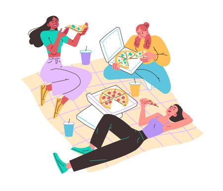 Girls in meadow on blanket eating pizza. Picnic, relaxing in natureのイラスト素材