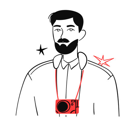 Photographer. Portrait of a bearded man with a cameraのイラスト素材