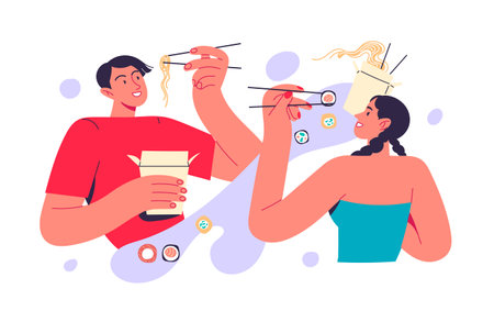 Two people eating wok and rolls.のイラスト素材