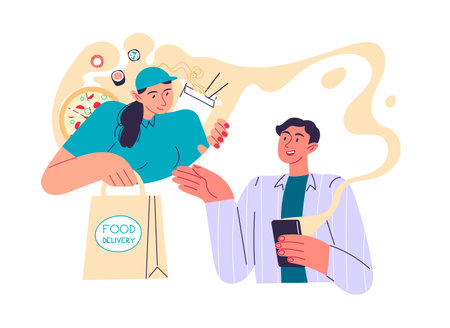 Man ordered food at a restaurant online on an appのイラスト素材