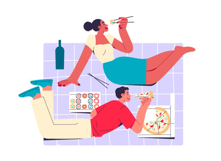 Couple on a picnic eatingのイラスト素材