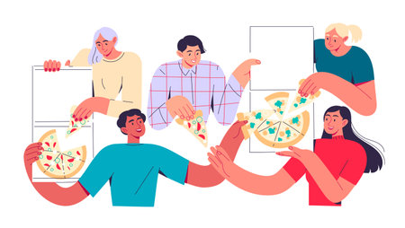 Group of people eating pizza togetherのイラスト素材