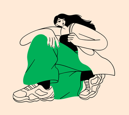 Trendy fashionable sitting woman with nonstandard body proportions in baggy clothesのイラスト素材