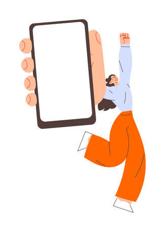 Woman showing smartphone screen, holding mobile phone in handのイラスト素材