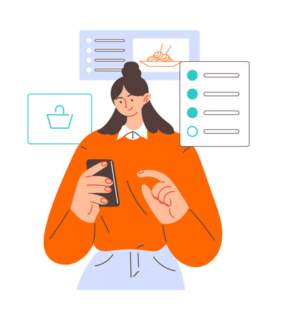 Online food ordering, woman selects food and orders deliveryのイラスト素材