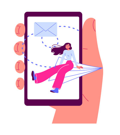 Sending a message, smartphone in hand, woman on a paper airplaneのイラスト素材