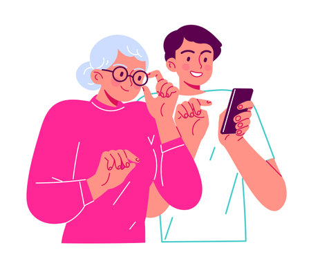 Man helping senior old woman to use smartphoneのイラスト素材