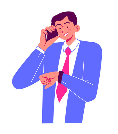 Talking on phone, businessman calling and checking his watch.のイラスト素材