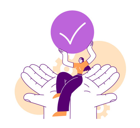 Woman is holding a checkmark in her hands. Verified, validated, reliableのイラスト素材