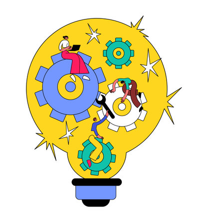 People work to realize an idea, a light bulb, a gear mechanismのイラスト素材