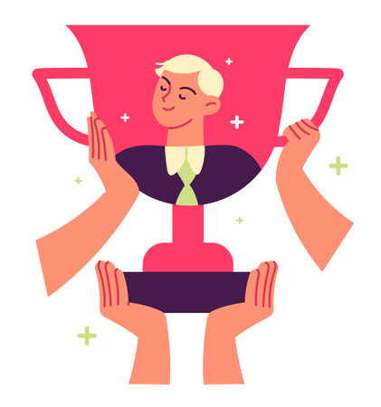 Hands holding the winners trophy Man is a winner gold cup trophy symbolのイラスト素材